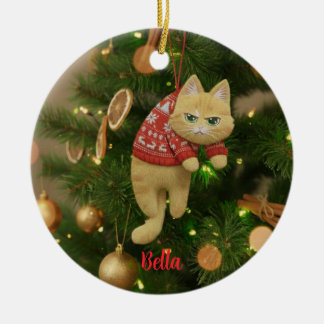 Op maat gemaakte grappige chagrijnige kat Kerstboo Keramisch Ornament