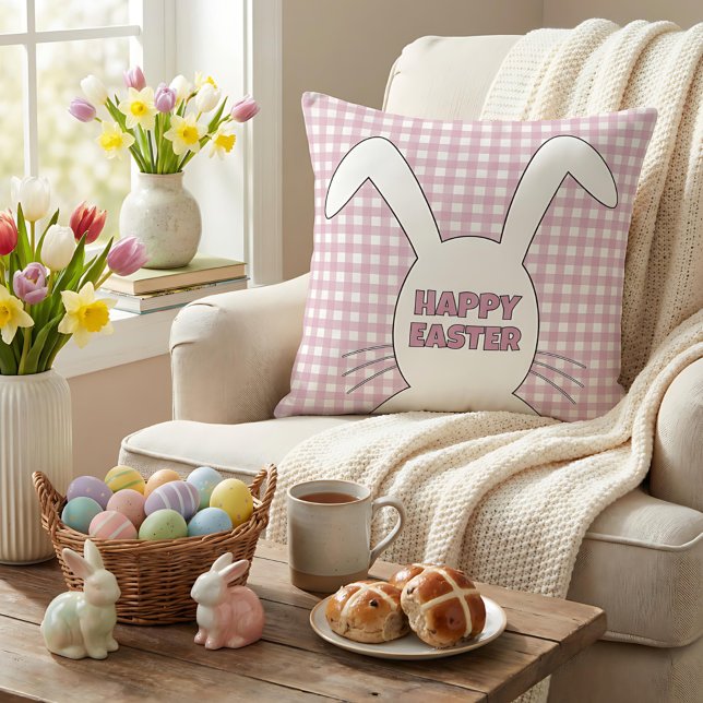 Op maat gemaakte Happy Easter Bunny Roze Gingham P Kussen (Creator heeft geüpload)
