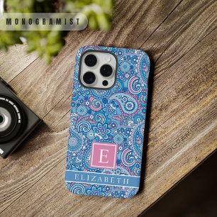 Op maat gemaakte helderblauwe witte roze paisley p iPhone 15 pro max case