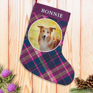 Op maat gemaakte hondenfoto tartan geruite patroon kleine kerstsok