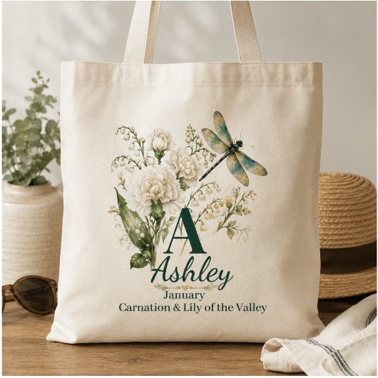 Op maat gemaakte januarigeboortedag bloem monogram tote bag
