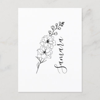 Op maat gemaakte juli delfinium geboortebloem cade briefkaart