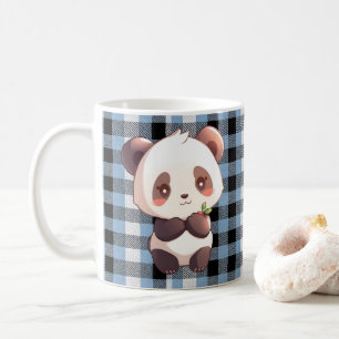Op maat gemaakte Kawaii Panda Blauw Buffalo Geruit Koffiemok