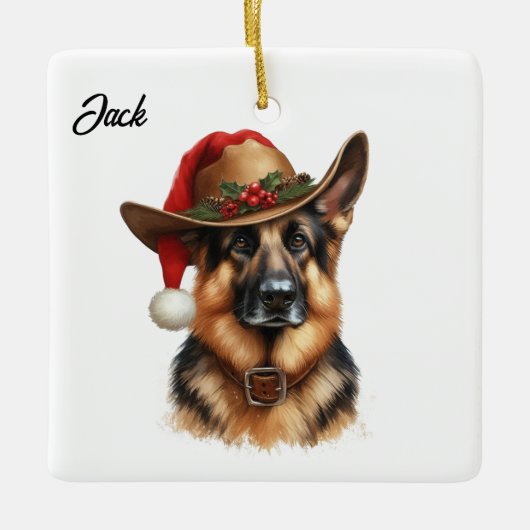 Op maat gemaakte Kerst Duitse Herdershond Cowboyho Keramisch Ornament (Voorkant)