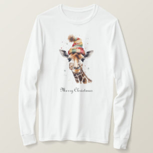 Op maat gemaakte Kerst Giraf Waterverf Winterhoed T-shirt