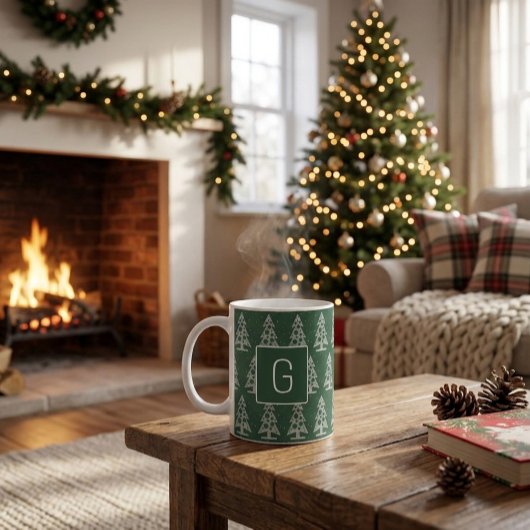 Op maat gemaakte kerst monogrammok met witte bomen koffiemok