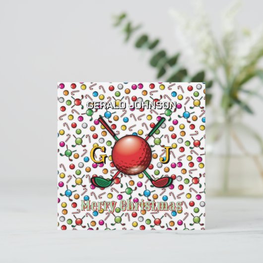 Op maat gemaakte kerst-monogramontwerp voor golfer feestdagenkaart (Staand voorkant)