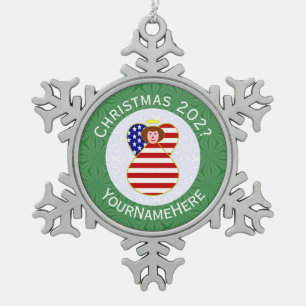 Op maat gemaakte kerst vlag van de USA engel met r Tin Sneeuwvlok Ornament