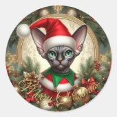 Op maat gemaakte Kerstelf Sphynx Kat Cadeau Kerstm Ronde Sticker (Voorkant)