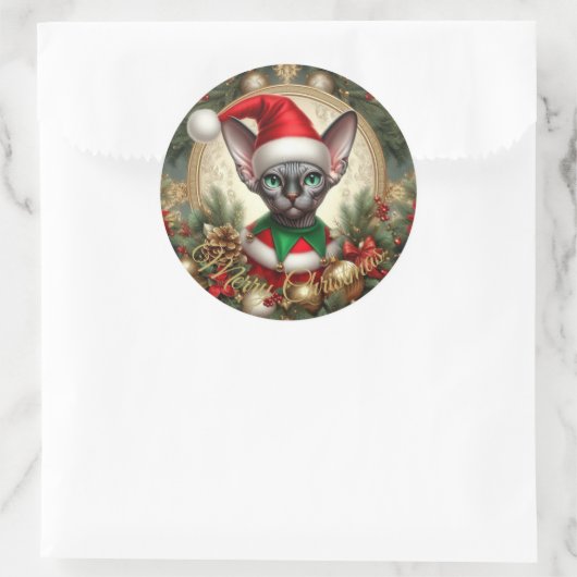 Op maat gemaakte Kerstelf Sphynx Kat Cadeau Kerstm Ronde Sticker (Tas)