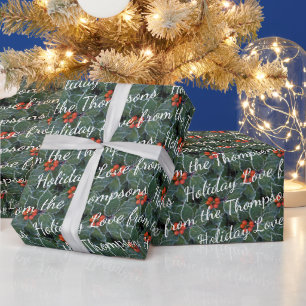 Op maat gemaakte kerstgroeten op hulstbessenpatroo cadeaupapier