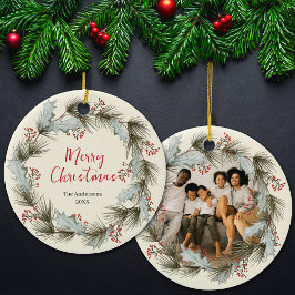 Op maat gemaakte kerstherinnering met krans famili keramisch ornament