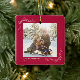 Op maat gemaakte Kerstmis Bes Rode Boog Foto Famil Keramisch Ornament