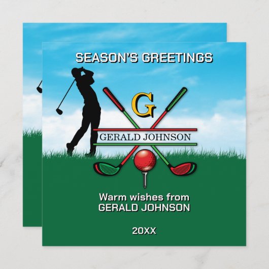 Op maat gemaakte Kerstmonogram ontwerp voor golfer Feestdagenkaart (Voorkant / Achterkant)