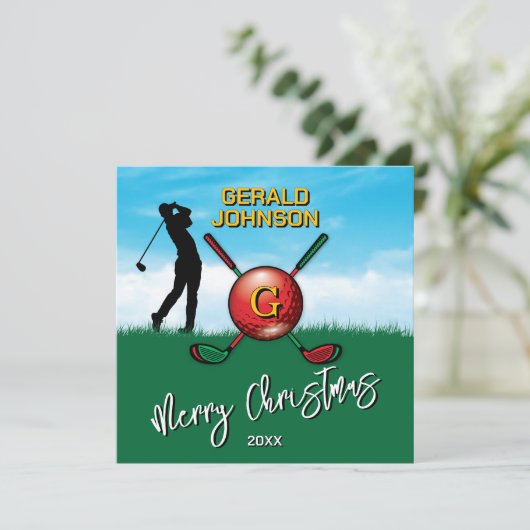 Op maat gemaakte Kerstmonogramontwerp voor golfers Feestdagenkaart (Staand voorkant)