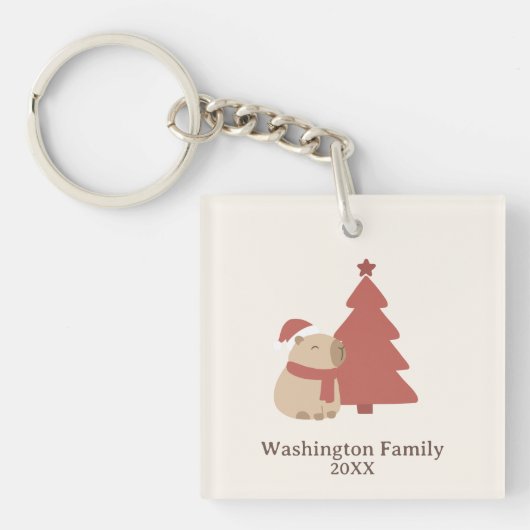 Op maat gemaakte knusse capybara kerst sleutelhanger (voorkant)