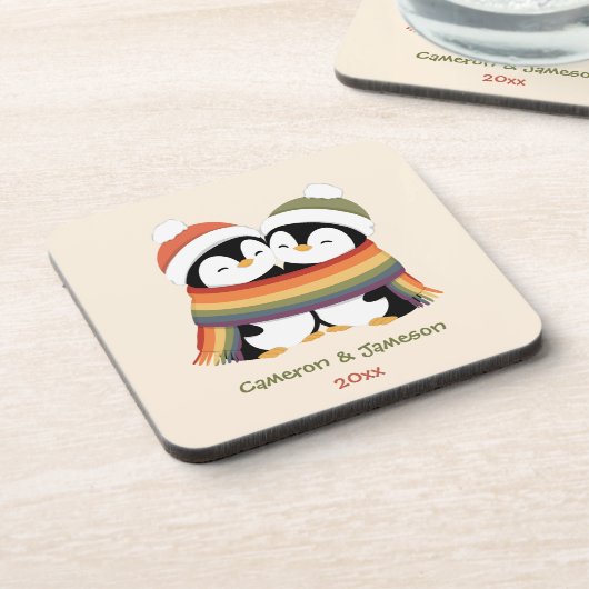 Op maat gemaakte knusse Pride Pinguïns Kerst Bier Onderzetter (Linkerzijde)