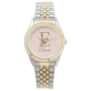 Op maat gemaakte letter E goud folie blush roze ro Horloge