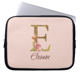 Op maat gemaakte letter E goud folie roze rozen Laptop Sleeve