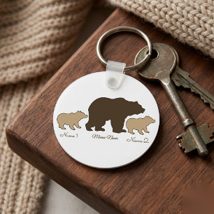 Op maat gemaakte Mama Beer Met 2 Kinder Namen Moed Sleutelhanger