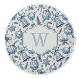 Op maat gemaakte monogram blauwe toile kerst ornam keramische knop