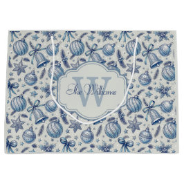 Op maat gemaakte monogram blauwe toile kerstorname groot cadeauzakje