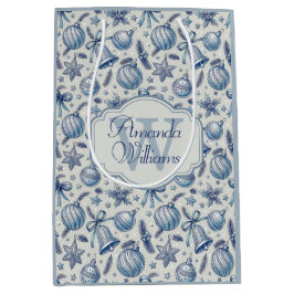 Op maat gemaakte monogram blauwe toile kerstorname medium cadeauzakje
