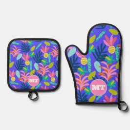 Op maat gemaakte monogram bloem blauwe ovenhandsch ovenwant & pannenlap set