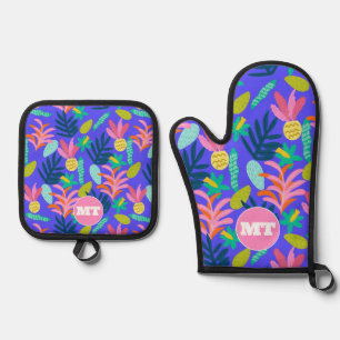 Op maat gemaakte monogram bloem blauwe ovenhandsch ovenwant & pannenlap set