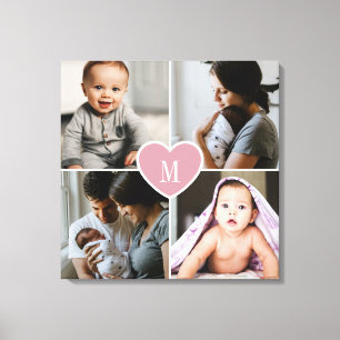 Op maat gemaakte monogram familie foto collage roz canvas afdruk