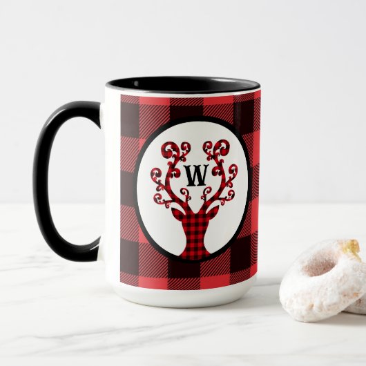 Op maat gemaakte monogram geruite rendier vakantie mok (Met donut)