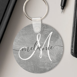 Op maat gemaakte monogram naam handschrift zilverf sleutelhanger