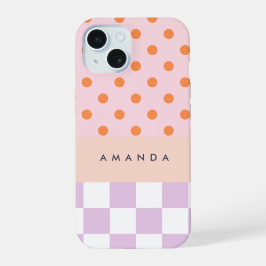 Op Maat Gemaakte Monogram Pastel Stippen Lilak Ger iPhone 15 Case (Achterkant)