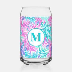 Op maat gemaakte monogram teal roze bloem blikvorm glas