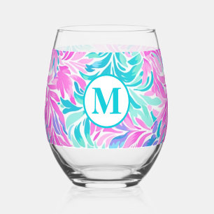 Op maat gemaakte monogram teal roze bloem wijnglas zonder voet