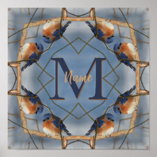 Op maat gemaakte monogram Uw initiële Blauw vogelt Poster