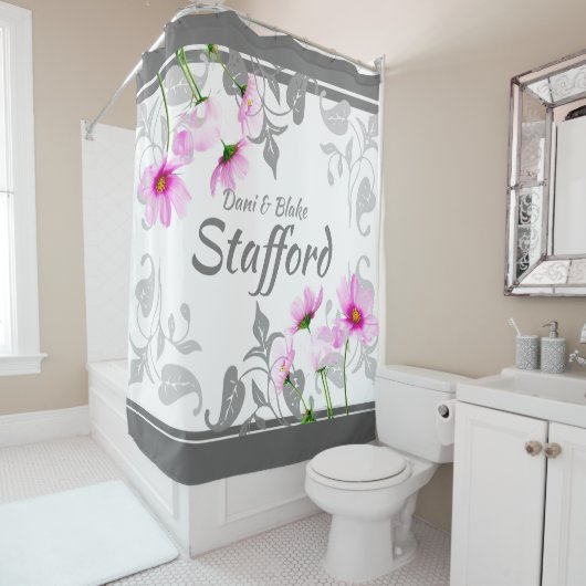 Op maat gemaakte mooie roze Cosmos Elegante grijst Douchegordijn (In situ)