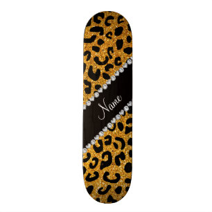 Op maat gemaakte naam gele glitters luipaardprint persoonlijk skateboard