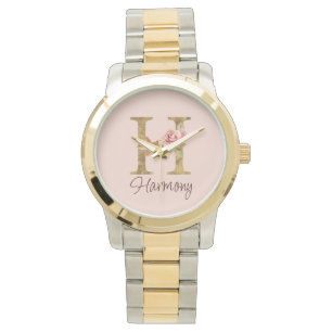 Op maat gemaakte naam Letter H Goud Folie Blush Ro Horloge