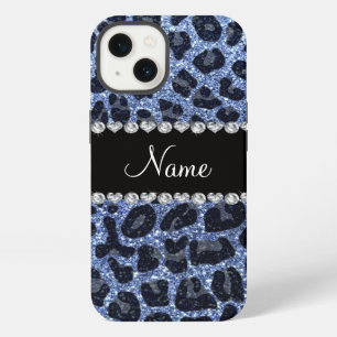 Op maat gemaakte naam lichtblauwe glitters luipaar iPhone 13 hoesje