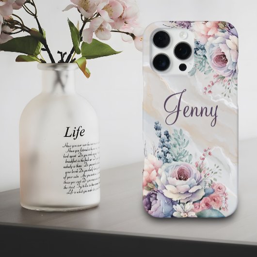 Op maat gemaakte naam marmeren bloem waterverf ont iPhone hoesje