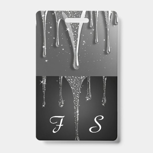 Op maat gemaakte naam Monogram Zilver Glitter Drip Badge (Voorzijde)
