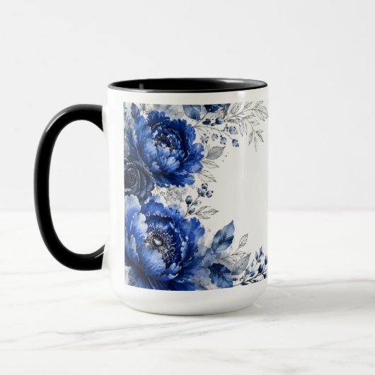 Op maat gemaakte naam Navy Blue Bloemige Monogram Mok (Links)