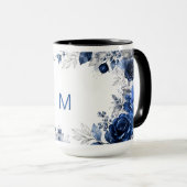 Op maat gemaakte naam Navy Blue Bloemige Monogram Mok (Voorkant rechts)