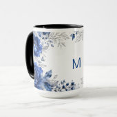Op maat gemaakte naam Navy Blue Bloemige Monogram Mok (Voorkant links)