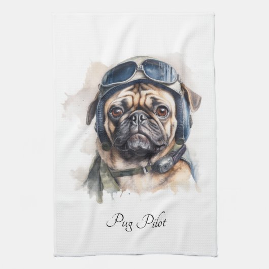 Op maat gemaakte naam Pug Piloot Vintage Aviator K Theedoek (Verticaal)