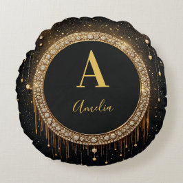 Op maat gemaakte naam zwarte glitters monogramlett rond kussen