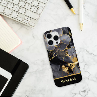 Op maat gemaakte naam Zwarte Marmer Gouden Bloem M iPhone 16 Pro Max Hoesje