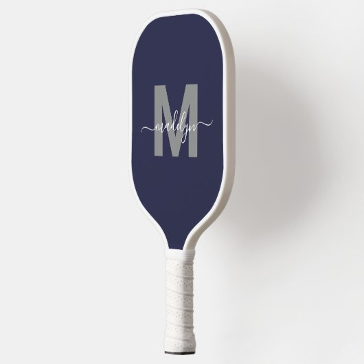 Op maat gemaakte Navy Blue Script Naam Monogram Pickleball Paddle (Links)