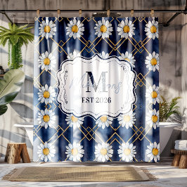 Op maat gemaakte Navy Daisy Gingham Monogram Decor Douchegordijn